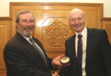 chris heaton right presents christopher jewitt with a bowl made by suzi horan to commemorate his 6 years service as chairman of sheffield assay office